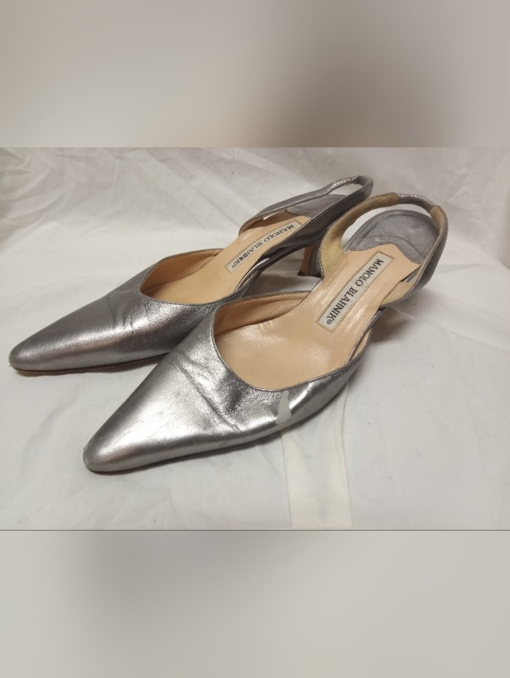 Manolo Blahnik Silver Women's 6.5 Leather Strap Up Heels